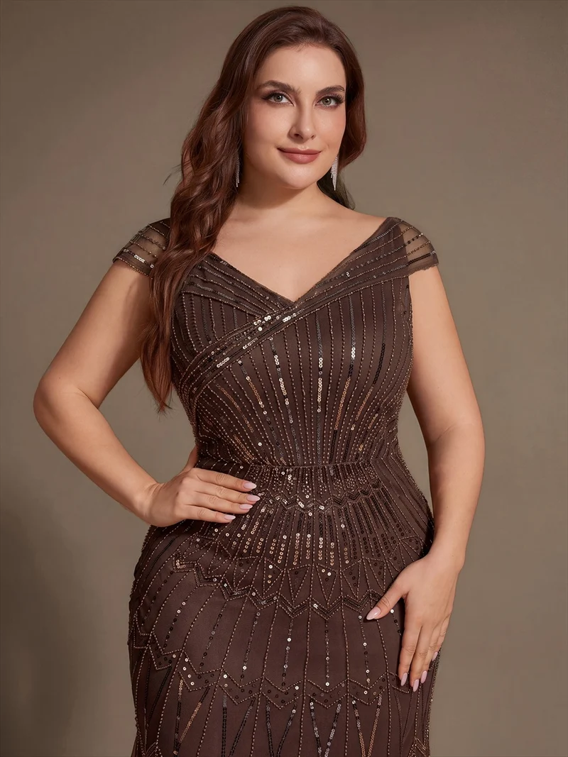 Robe longue sirène élégante à col en V manches courtes et tissu extensible