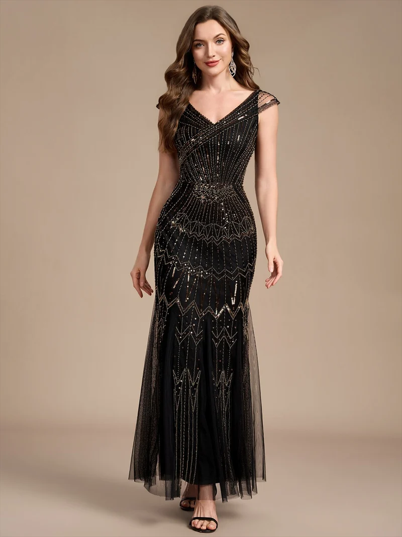 Robe longue sirène élégante à col en V manches courtes et tissu extensible