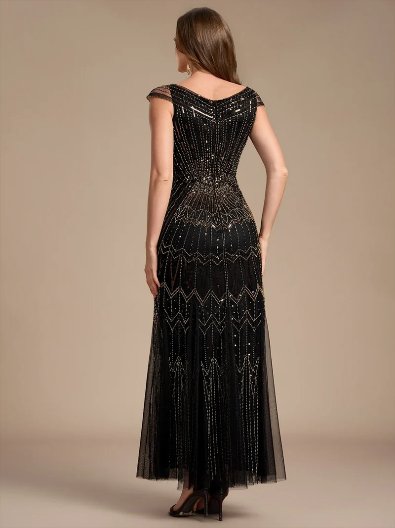 Robe longue sirène élégante à col en V manches courtes et tissu extensible