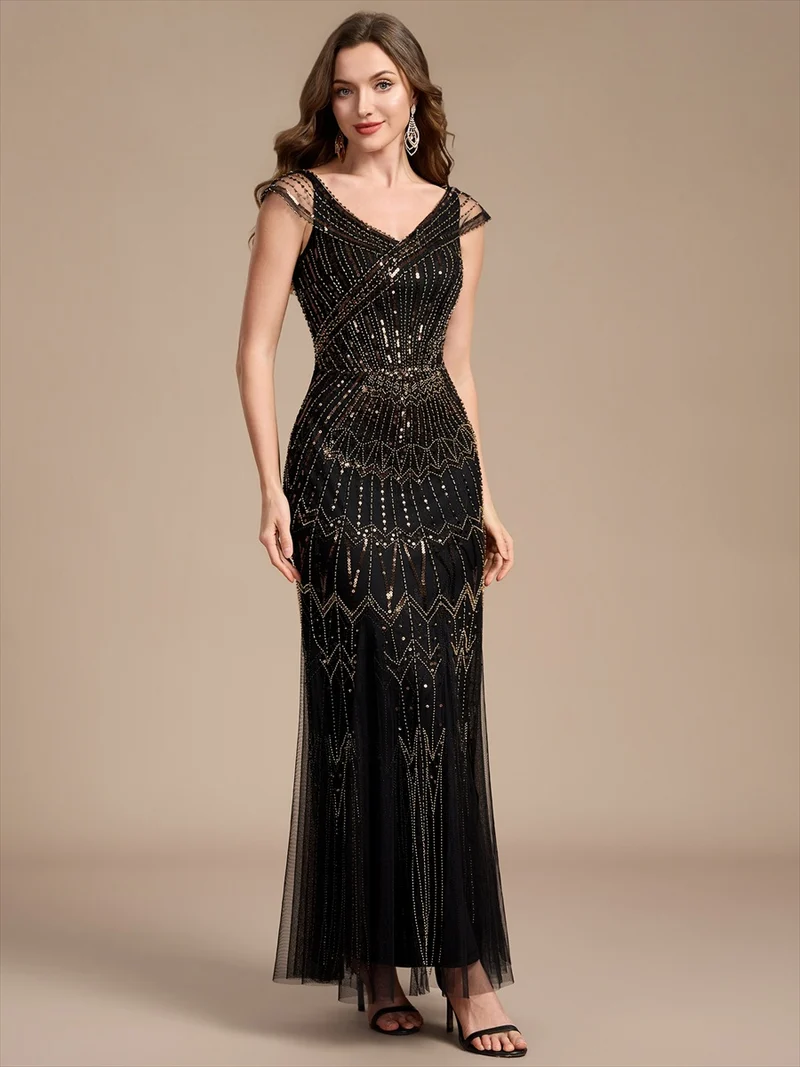 Robe longue sirène élégante à col en V manches courtes et tissu extensible