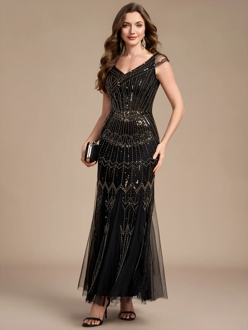 Robe longue sirène élégante à col en V manches courtes et tissu extensible