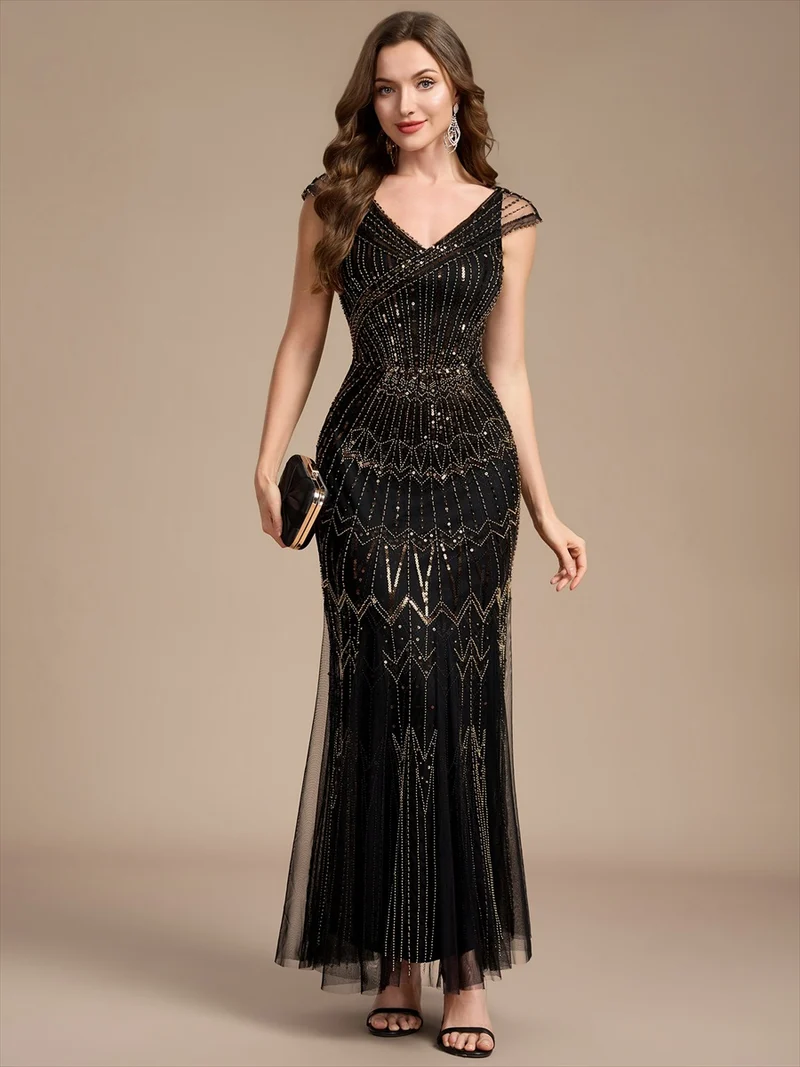 Robe longue sirène élégante à col en V manches courtes et tissu extensible
