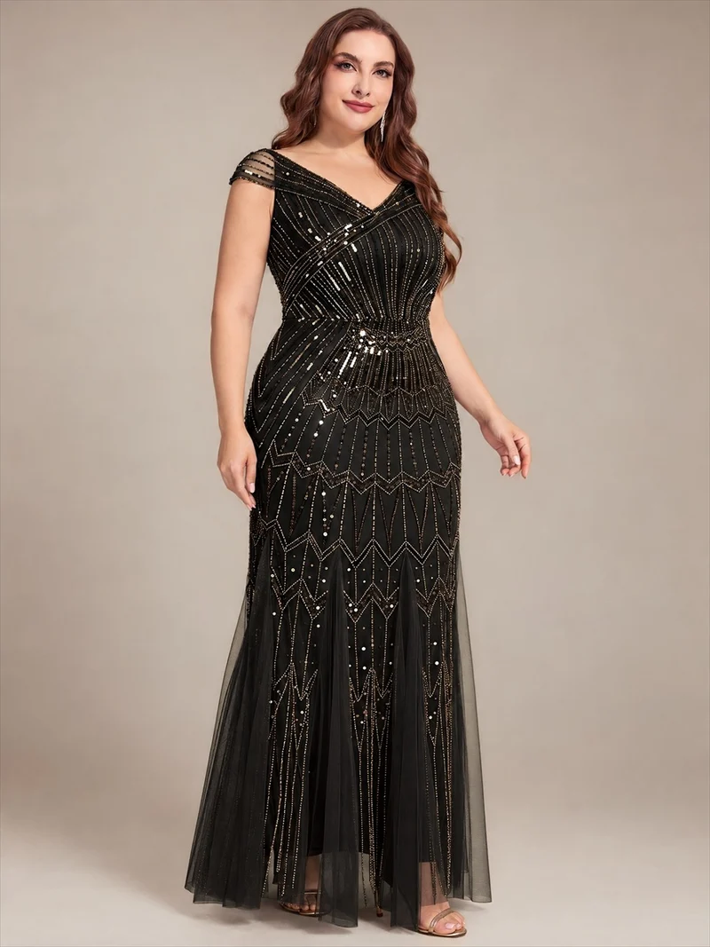 Robe longue sirène élégante à col en V manches courtes et tissu extensible