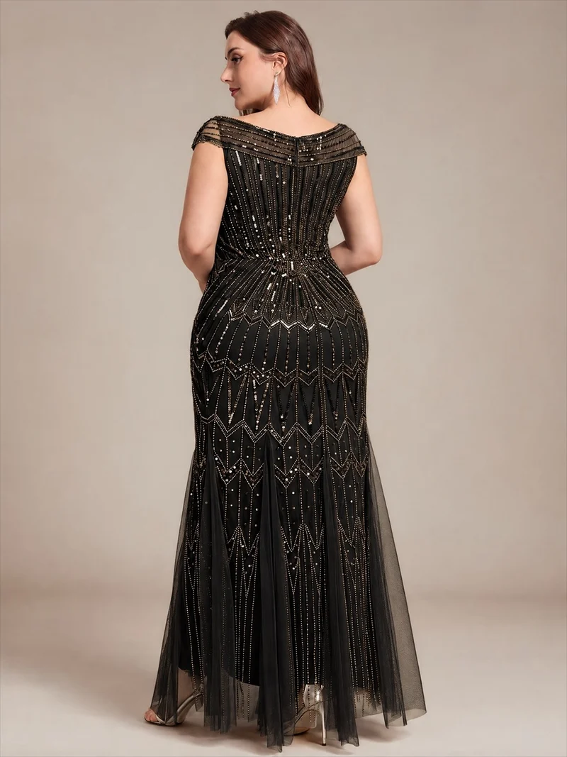 Robe longue sirène élégante à col en V manches courtes et tissu extensible