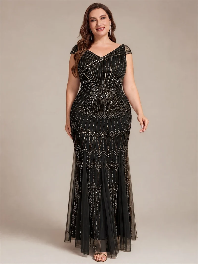 Robe longue sirène élégante à col en V manches courtes et tissu extensible