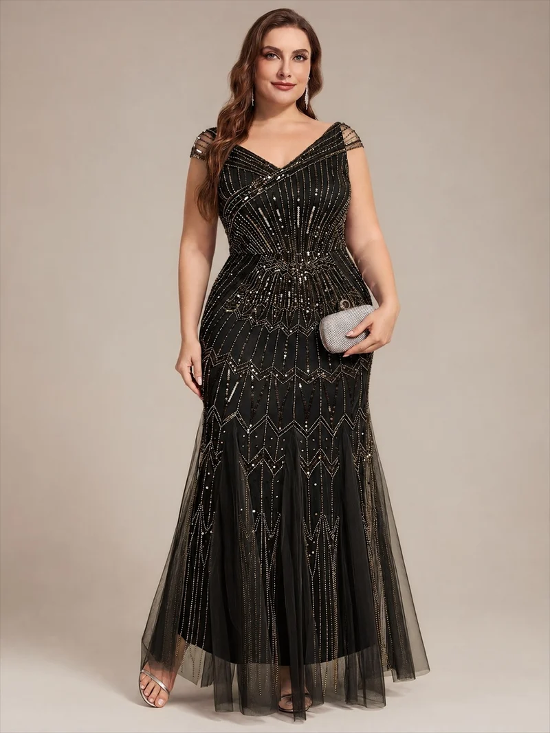 Robe longue sirène élégante à col en V manches courtes et tissu extensible