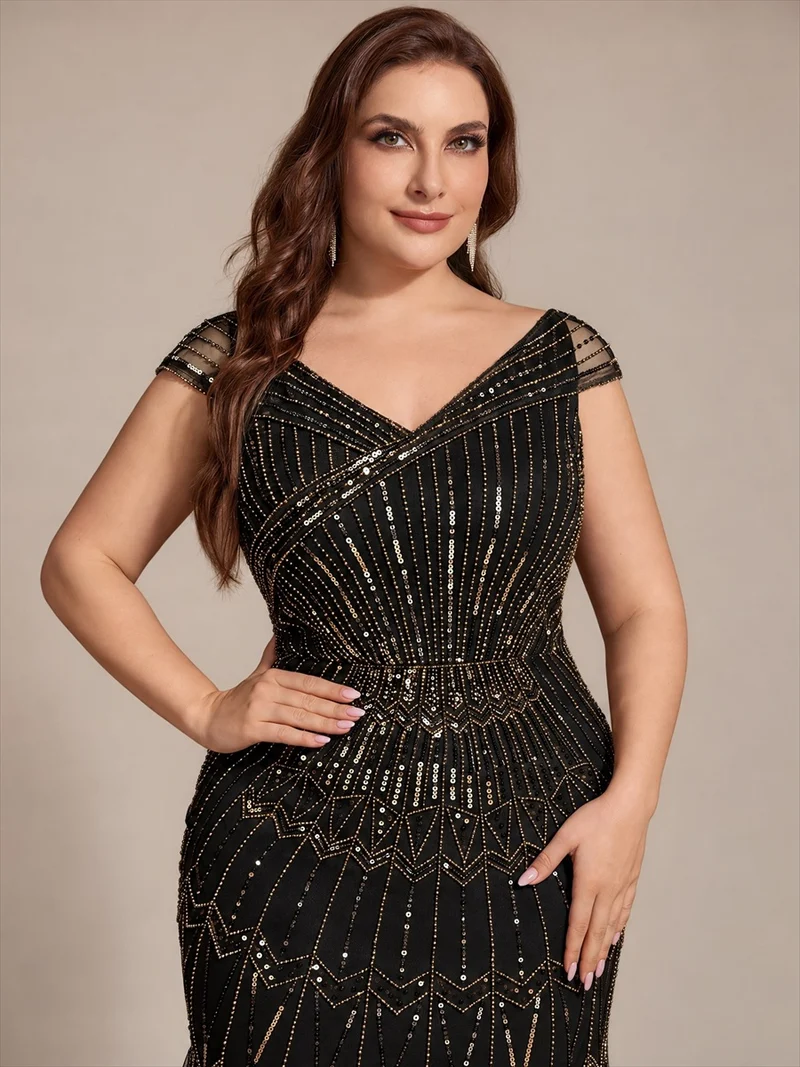 Robe longue sirène élégante à col en V manches courtes et tissu extensible