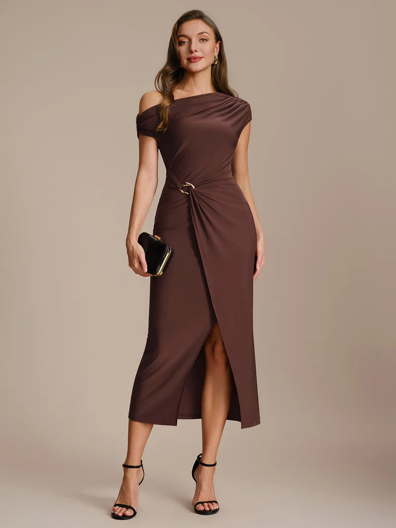 Robe midi moulante asymétrique à une épaule haute élasticité