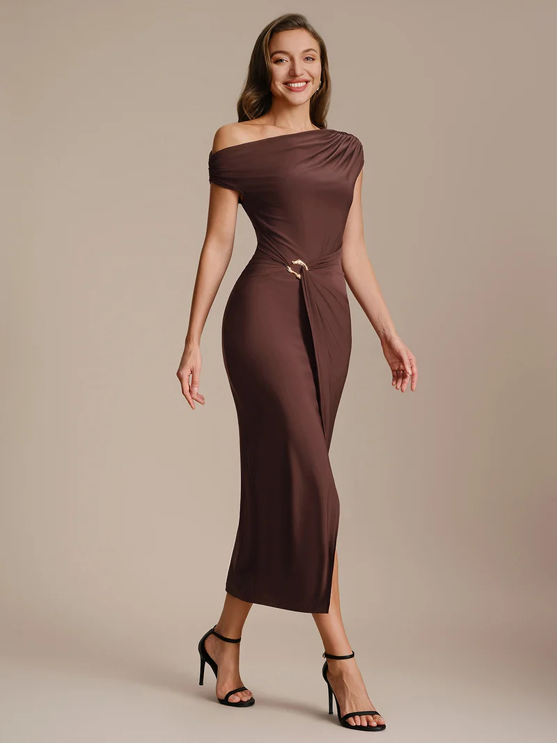 Robe midi moulante asymétrique à une épaule haute élasticité