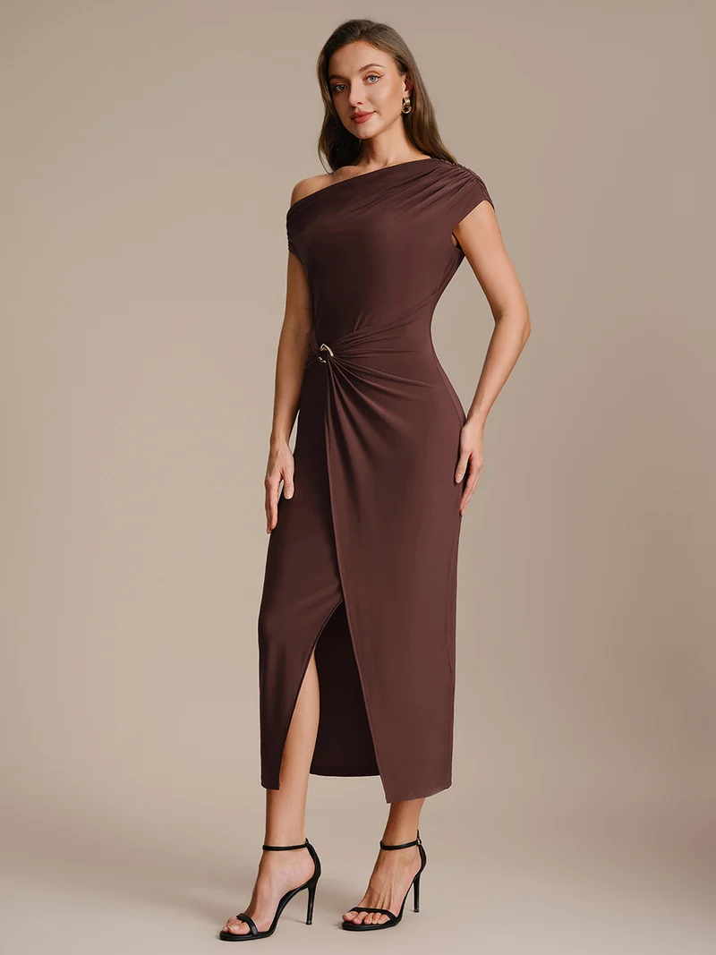 Robe midi moulante asymétrique à une épaule haute élasticité
