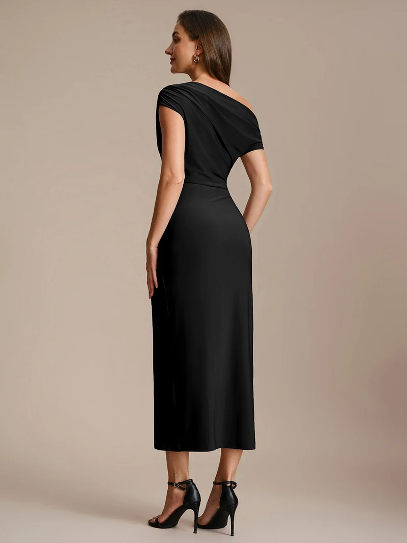 Robe midi moulante asymétrique à une épaule haute élasticité