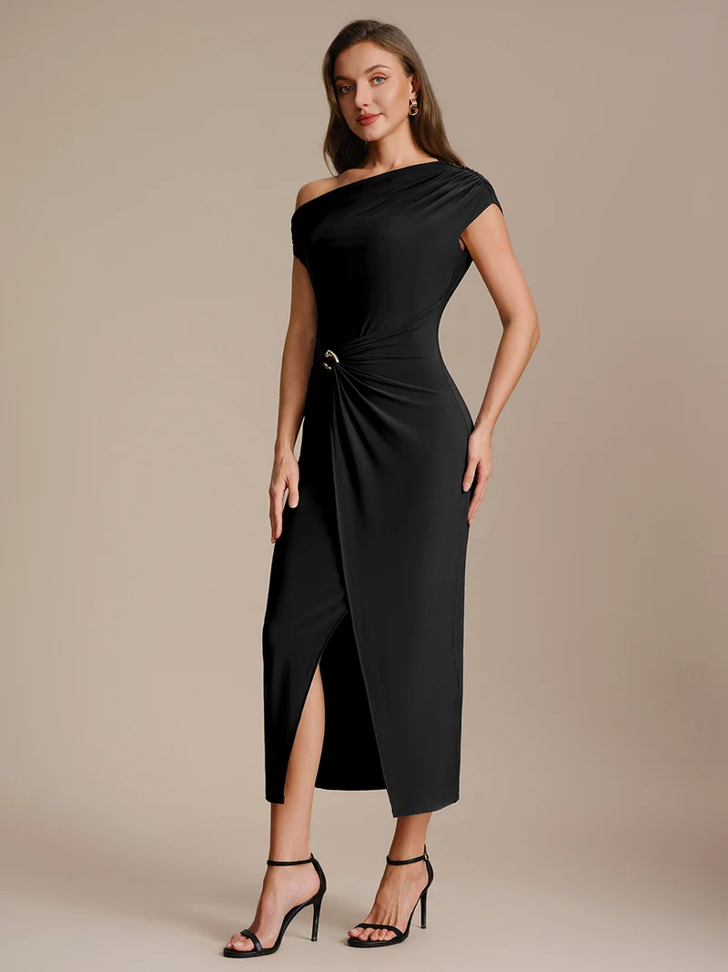 Robe midi moulante asymétrique à une épaule haute élasticité