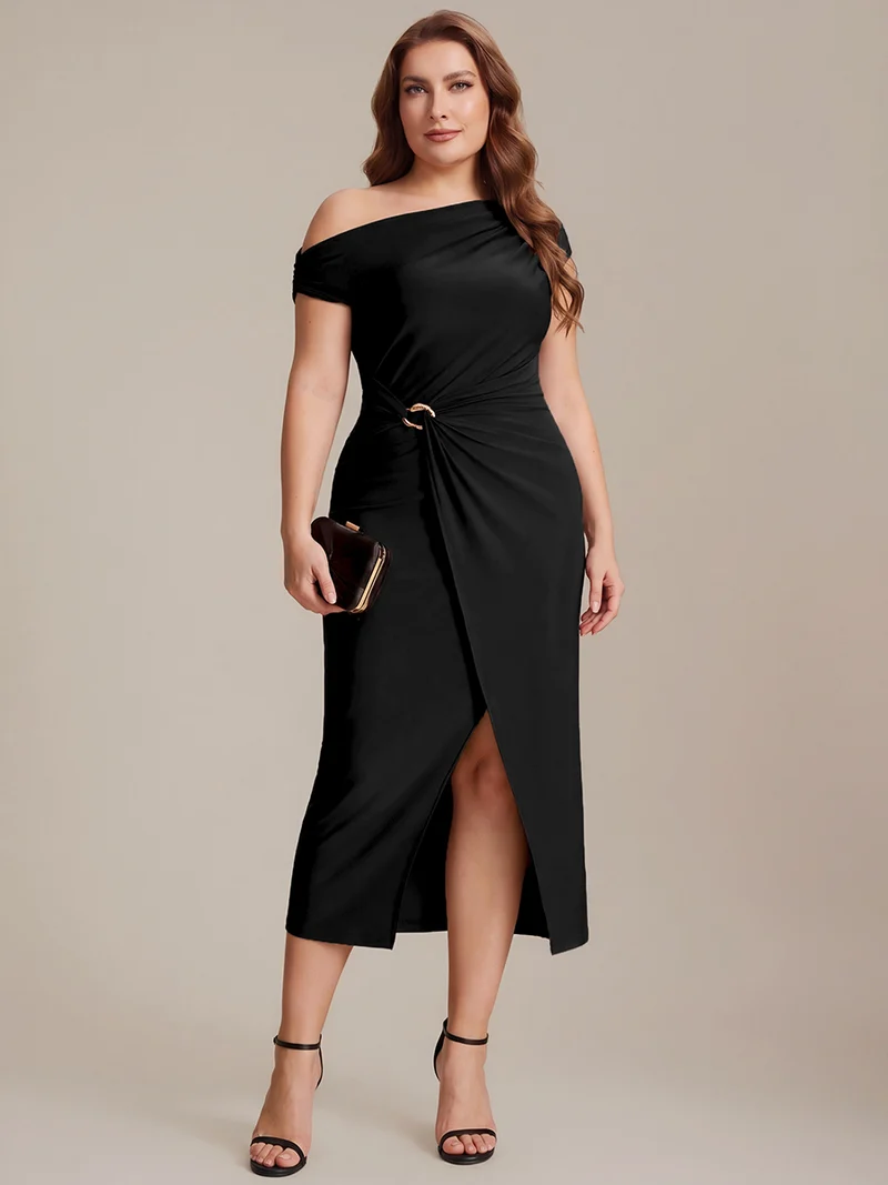 Robe midi moulante asymétrique à une épaule haute élasticité