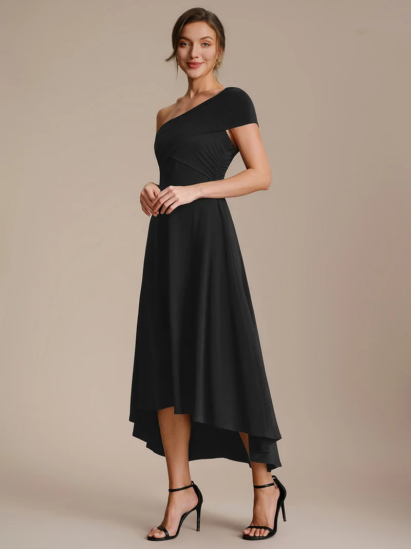 Robe ligne A asymétrique sans manches épaules dénudées col en V tissu extensible