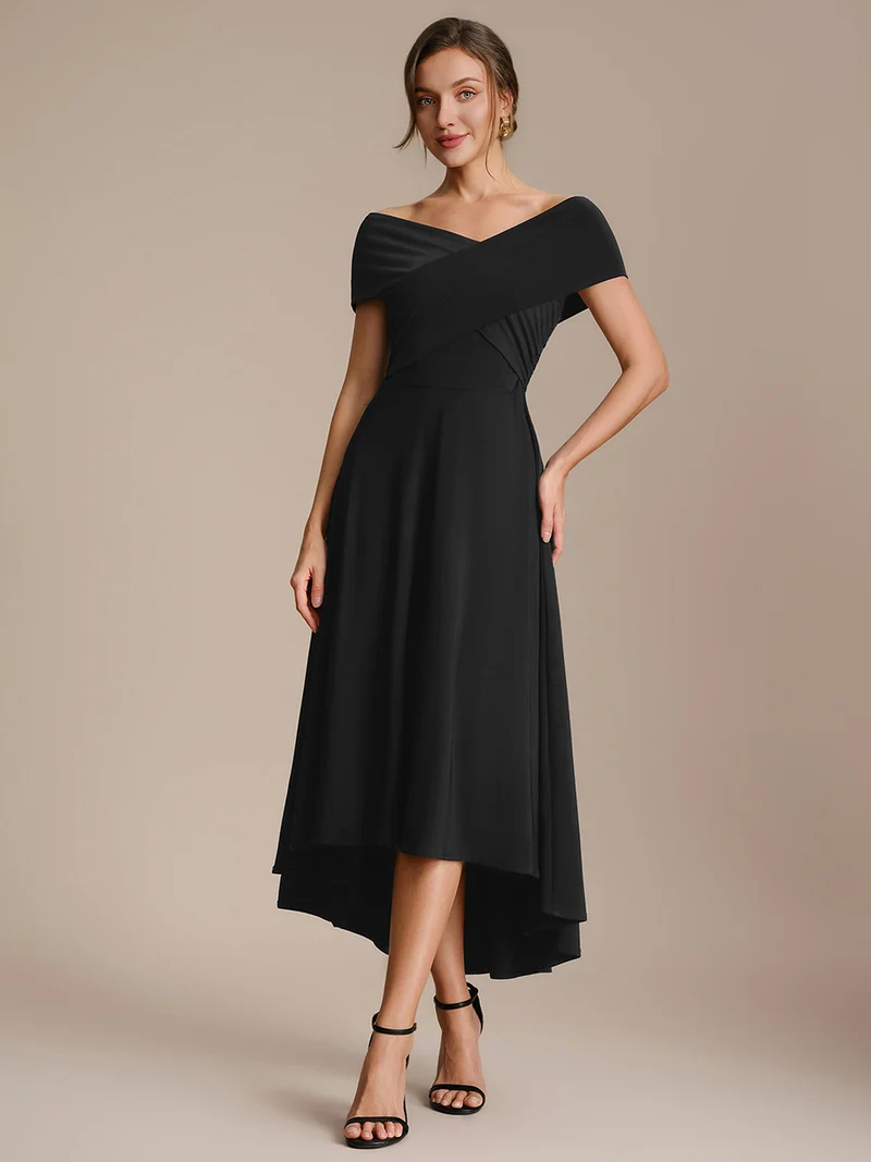 Robe ligne A asymétrique sans manches épaules dénudées col en V tissu extensible