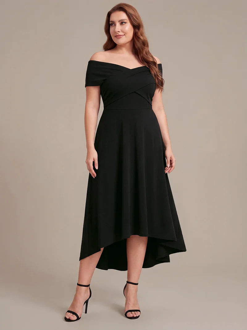 Robe ligne A asymétrique sans manches épaules dénudées col en V tissu extensible