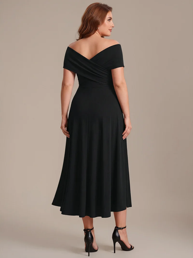 Robe ligne A asymétrique sans manches épaules dénudées col en V tissu extensible