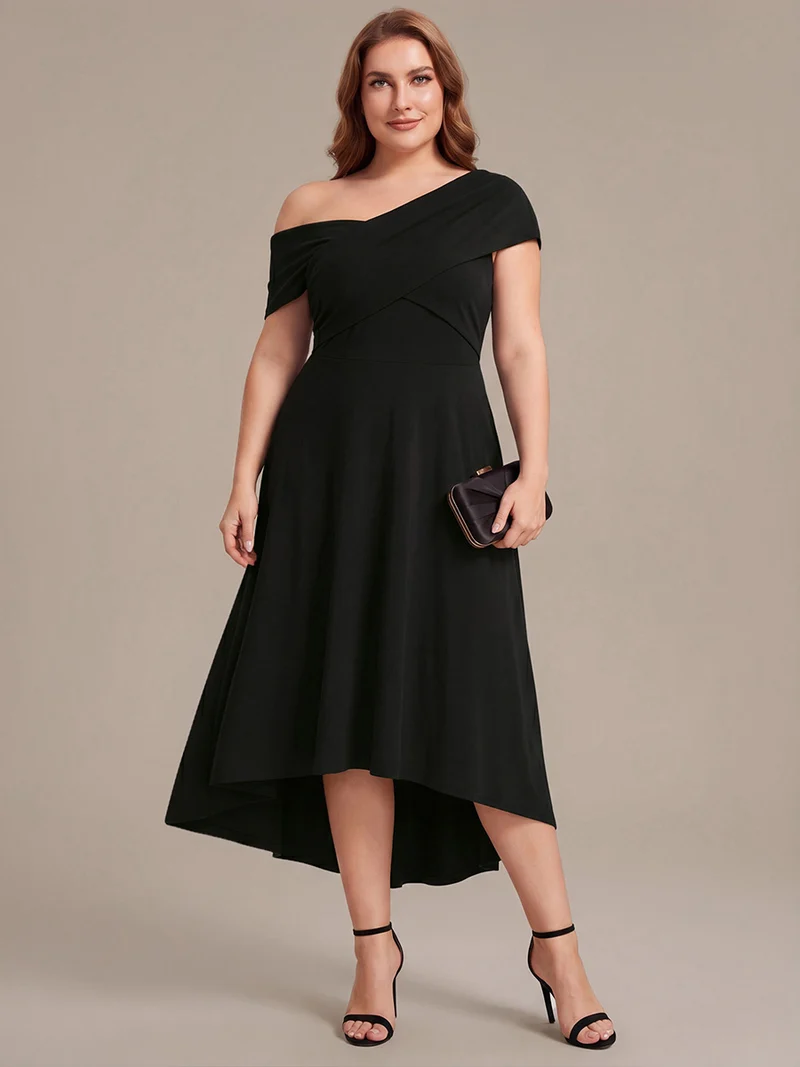 Robe ligne A asymétrique sans manches épaules dénudées col en V tissu extensible