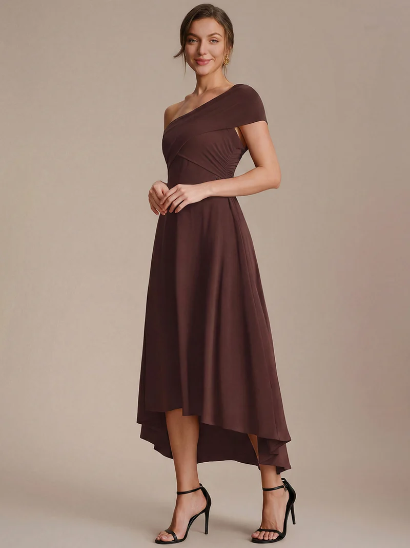 Robe ligne A asymétrique sans manches épaules dénudées col en V tissu extensible