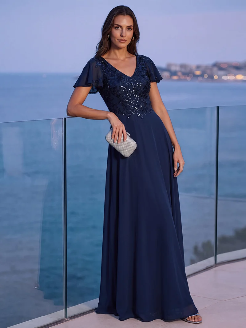 Robe longue stretch col en V avec volants et appliqués
