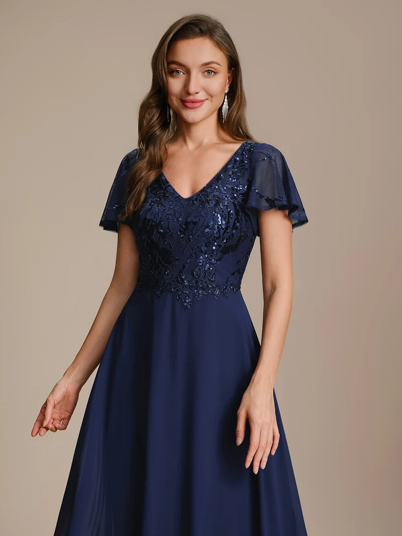 Robe longue stretch col en V avec volants et appliqués