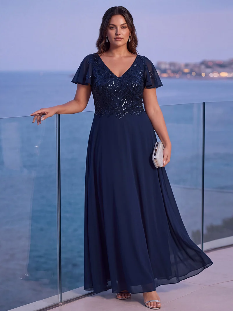 Robe longue stretch col en V avec volants et appliqués
