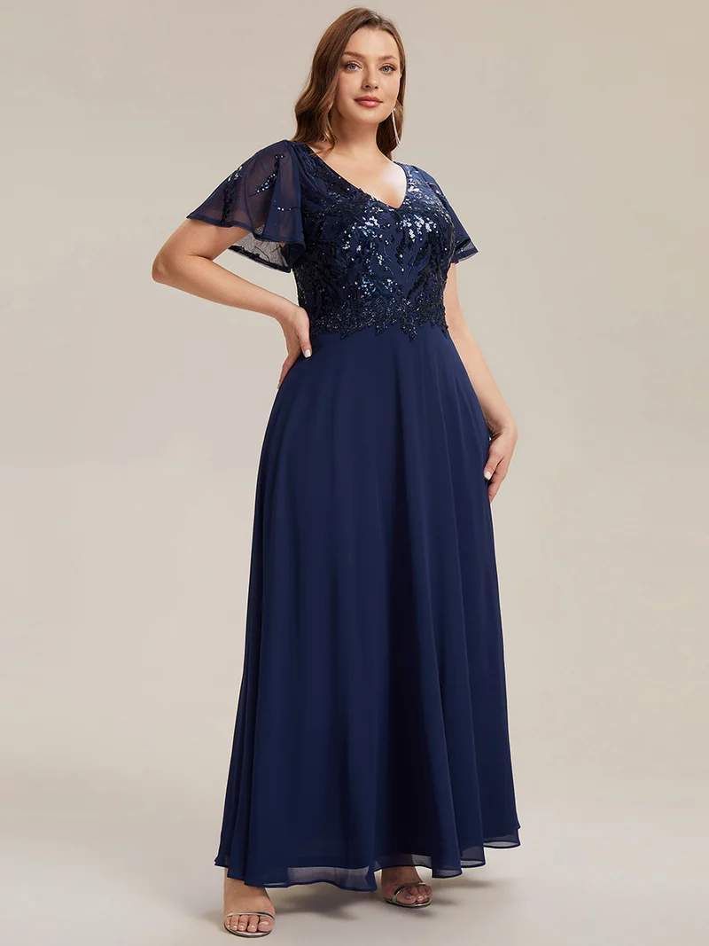 Robe longue stretch col en V avec volants et appliqués