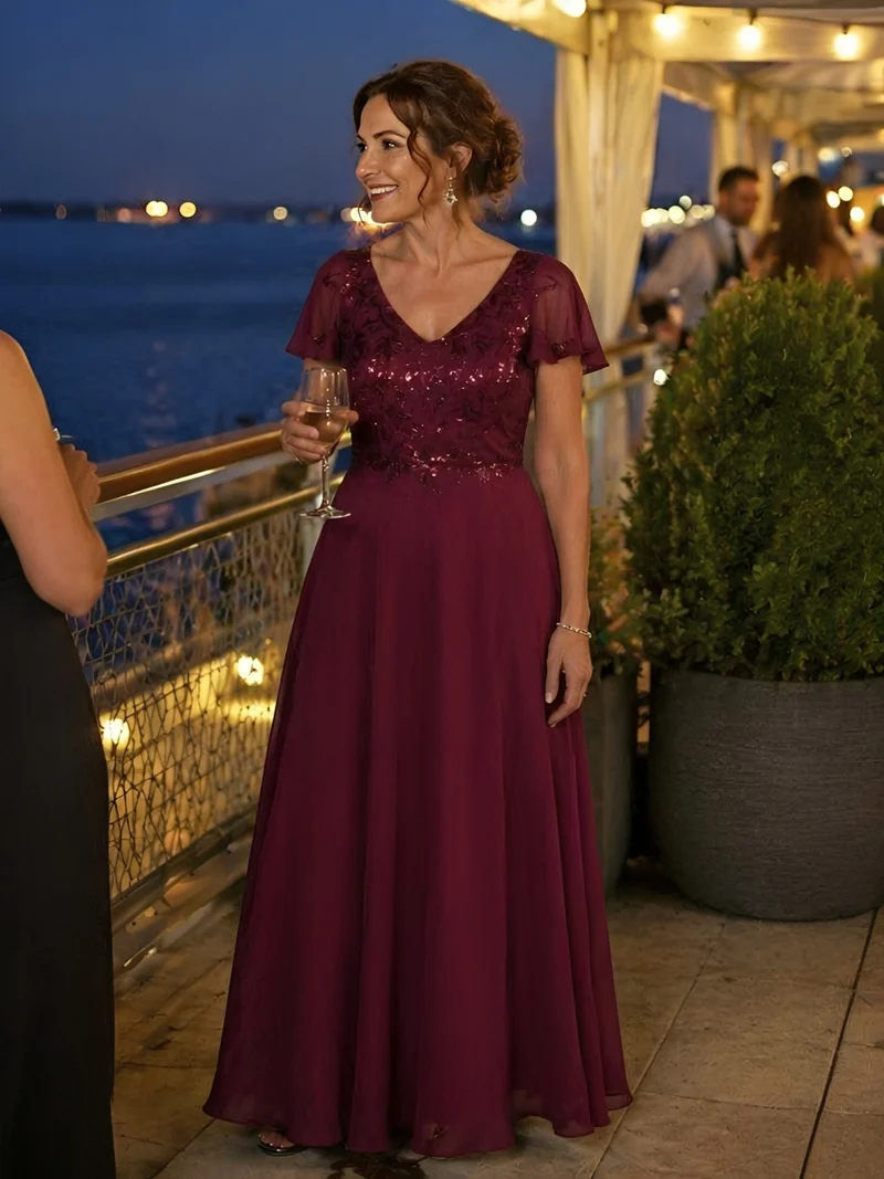 Robe longue stretch col en V avec volants et appliqués