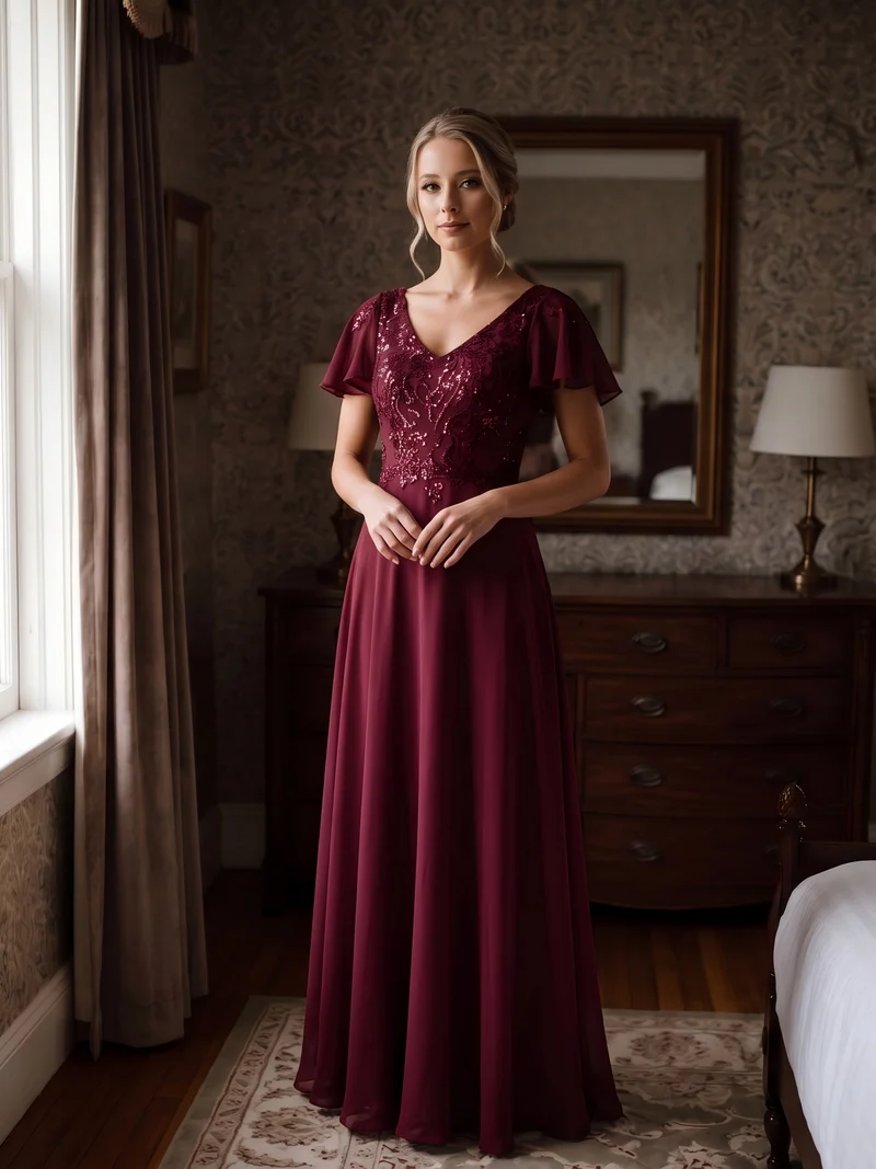 Robe longue stretch col en V avec volants et appliqués