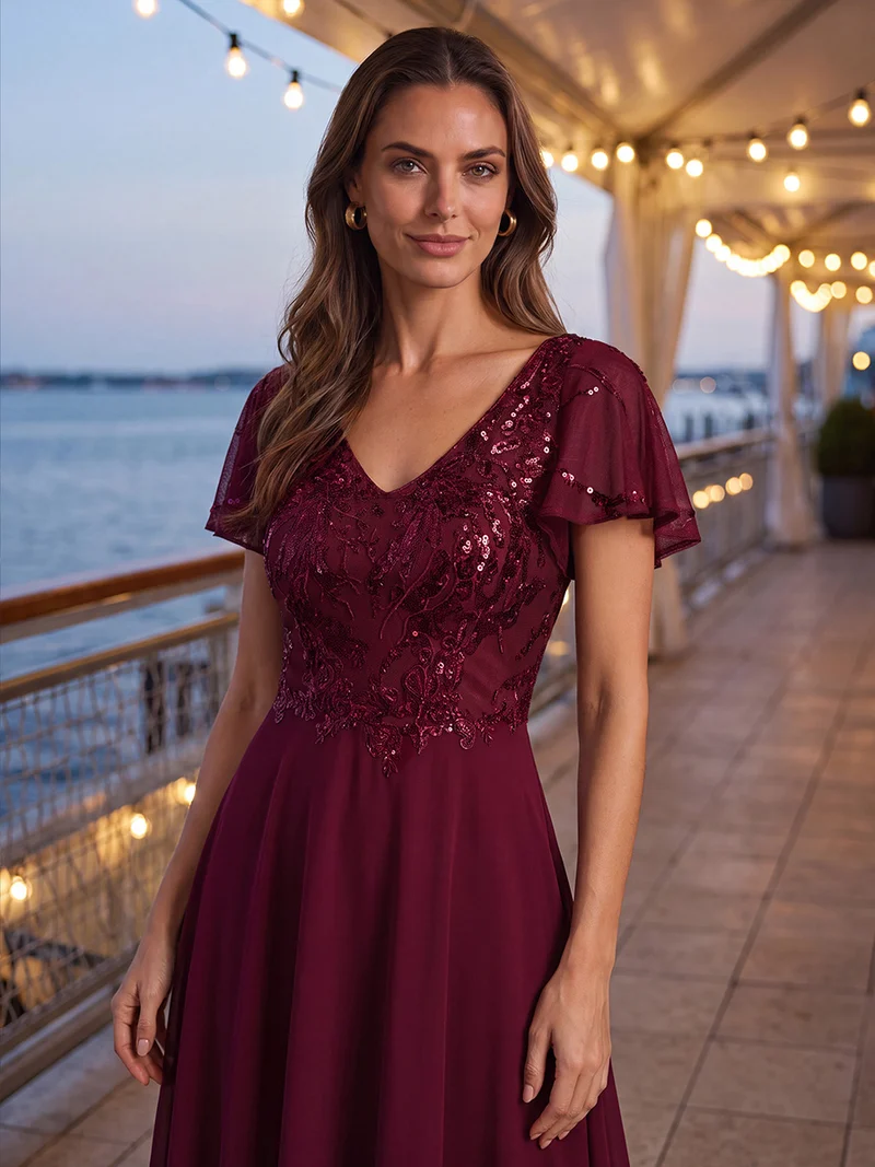 Robe longue stretch col en V avec volants et appliqués
