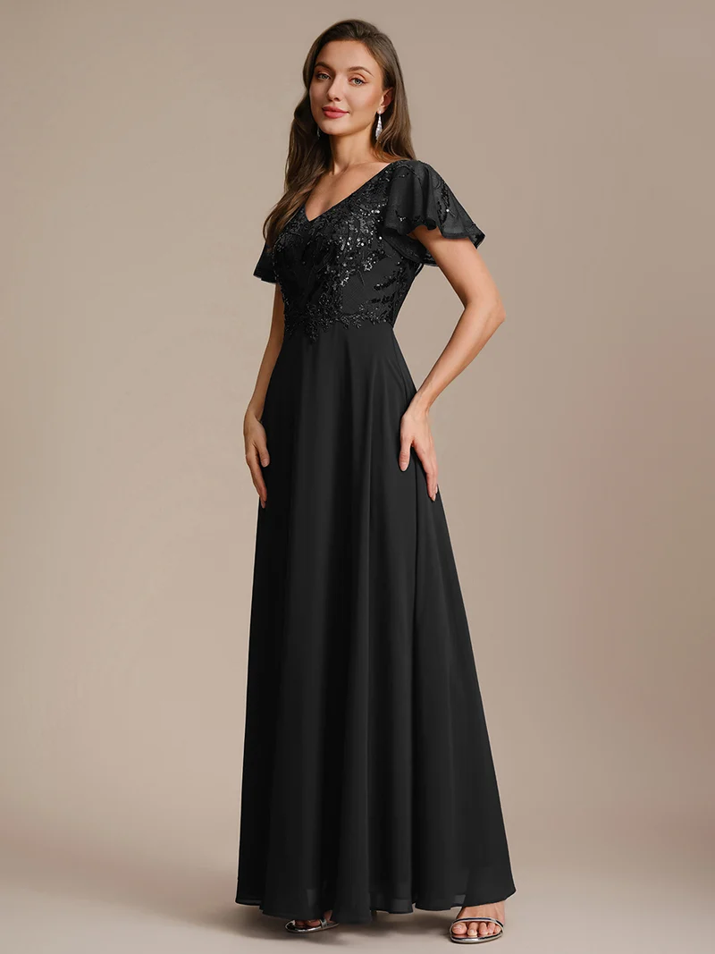 Robe longue stretch col en V avec volants et appliqués