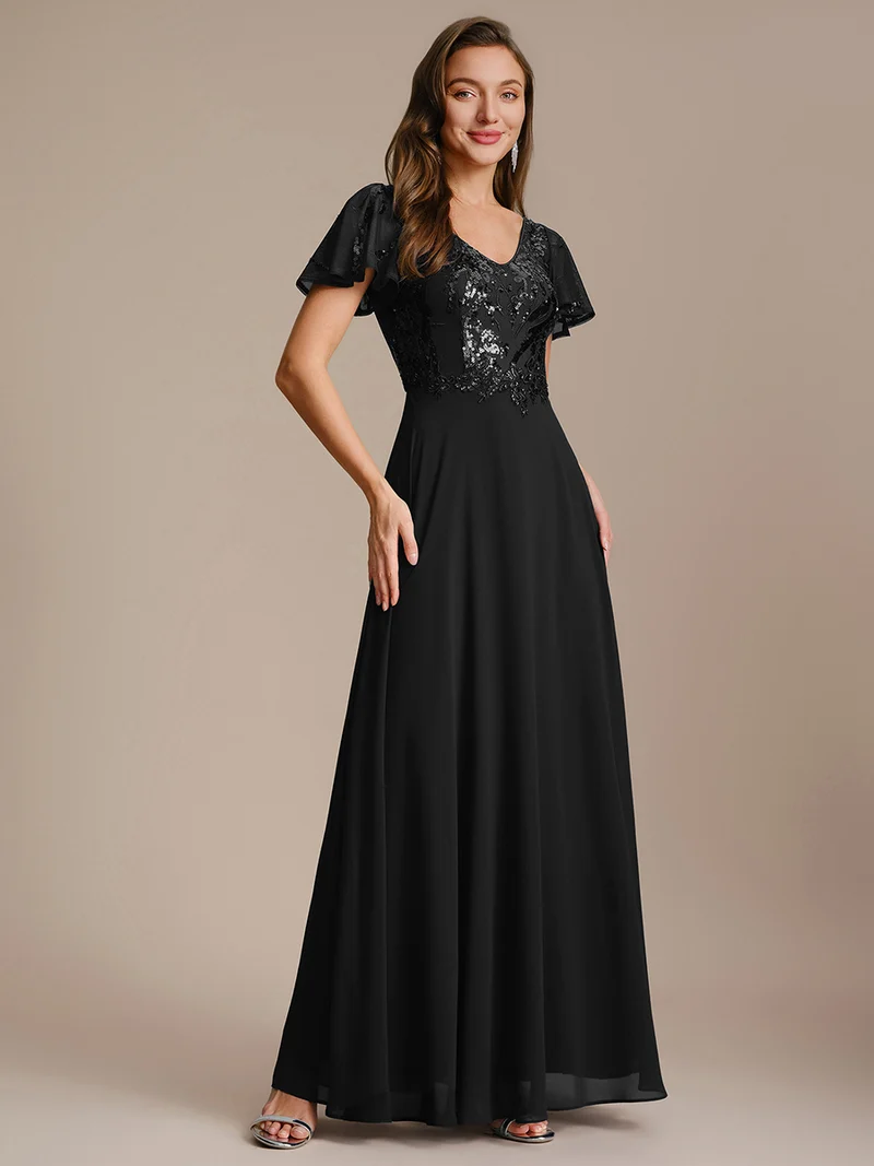 Robe longue stretch col en V avec volants et appliqués