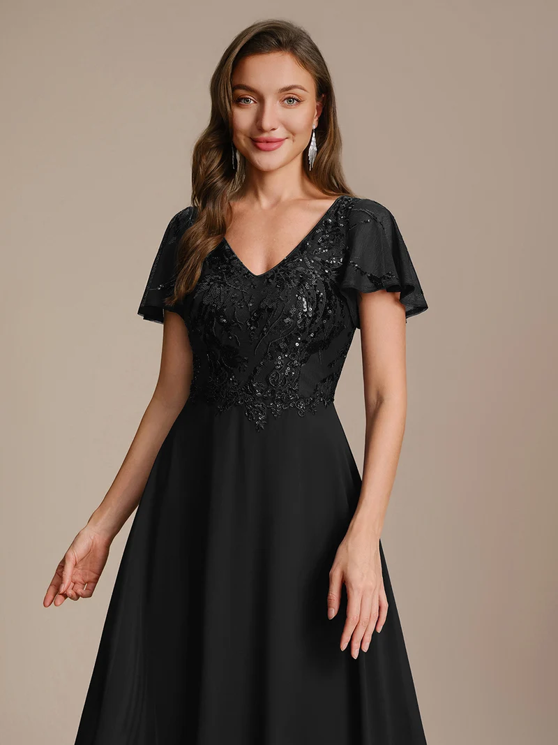 Robe longue stretch col en V avec volants et appliqués