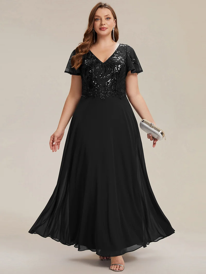 Robe longue stretch col en V avec volants et appliqués
