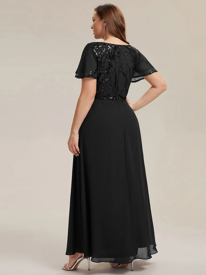 Robe longue stretch col en V avec volants et appliqués