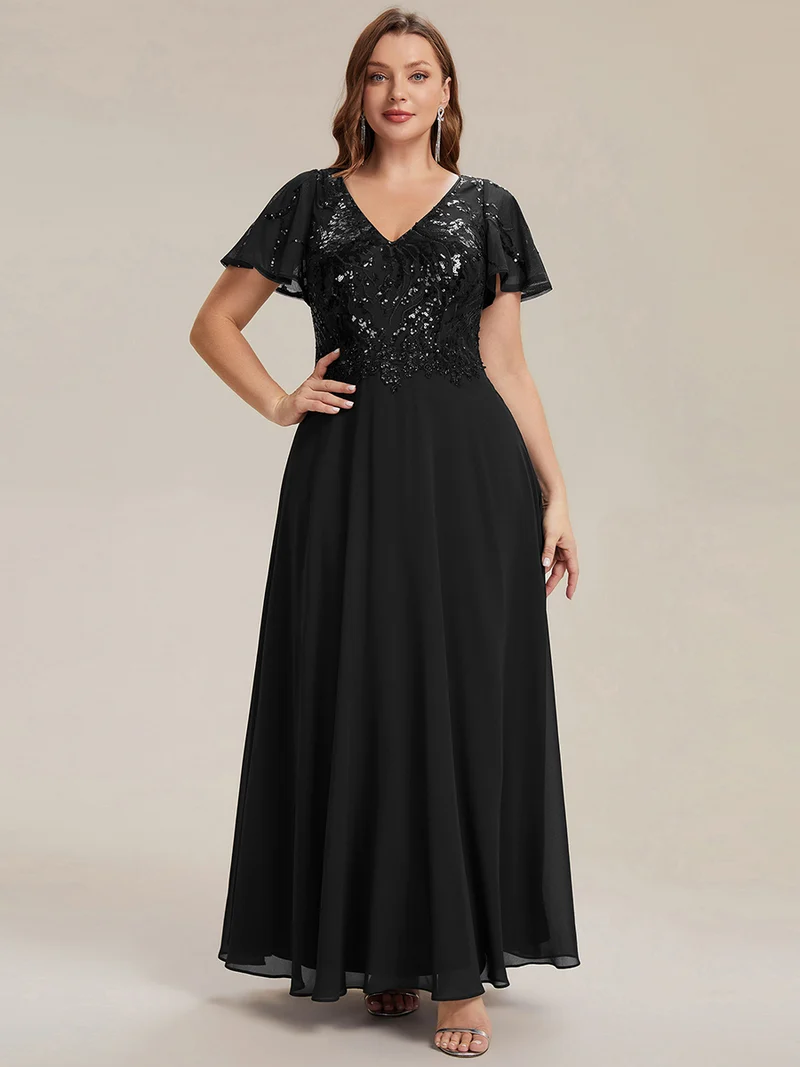 Robe longue stretch col en V avec volants et appliqués