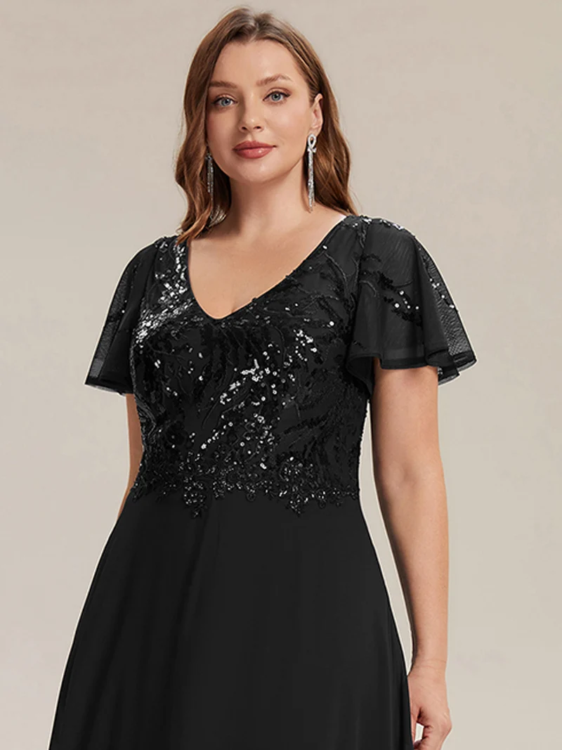 Robe longue stretch col en V avec volants et appliqués