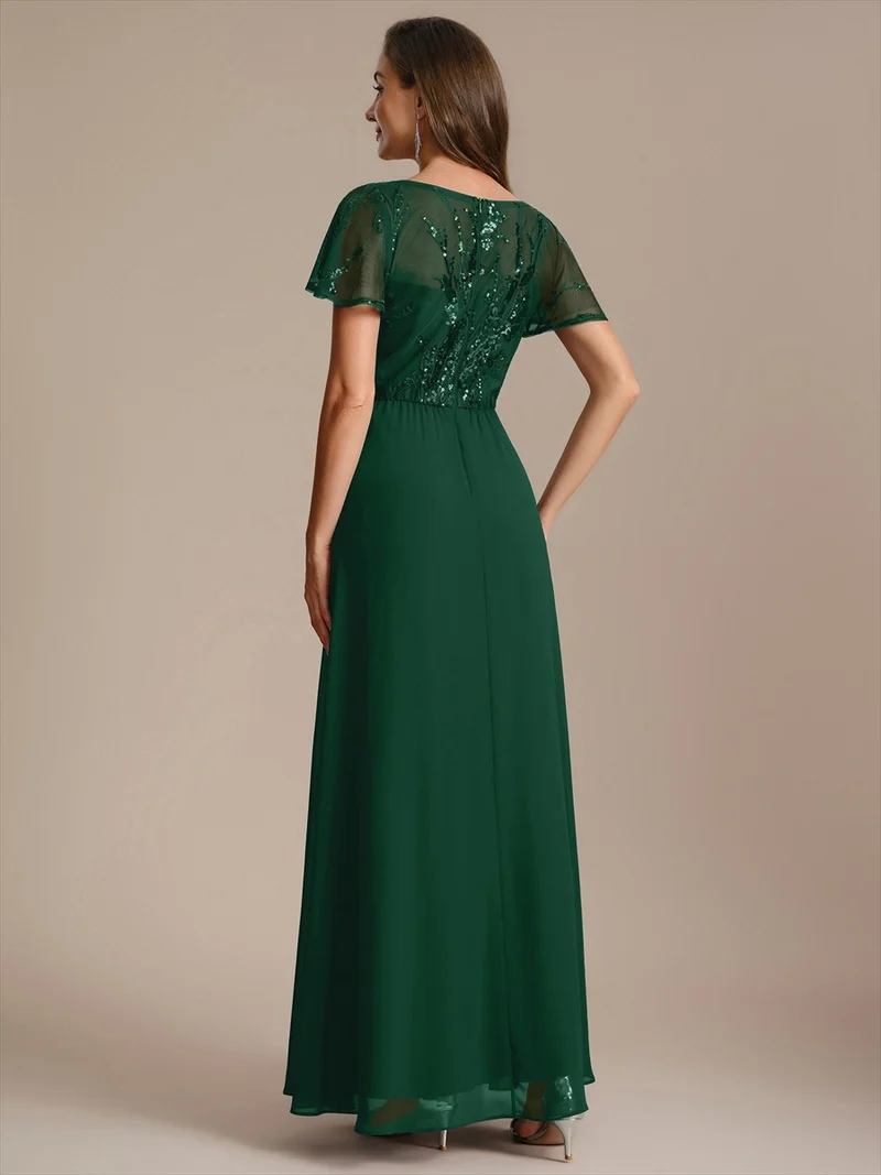 Robe longue stretch col en V avec volants et appliqués