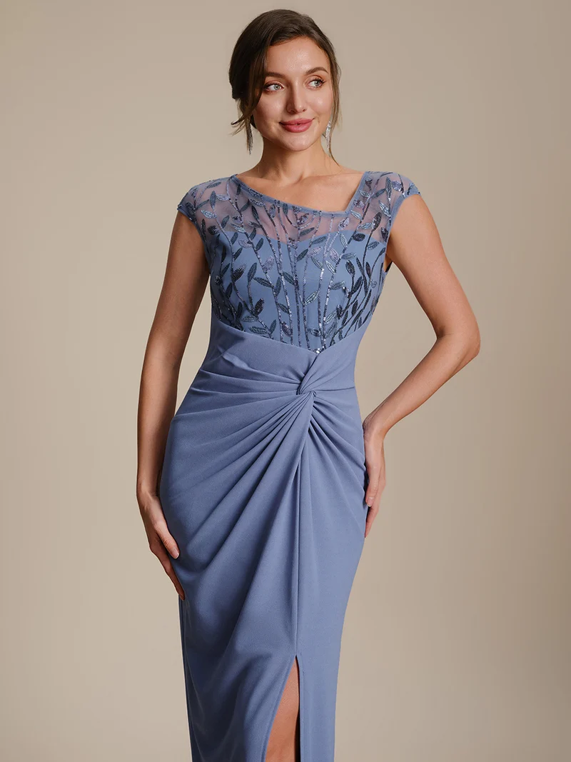 Robe longue moulante asymétrique à manches courtes en sequins extensibles