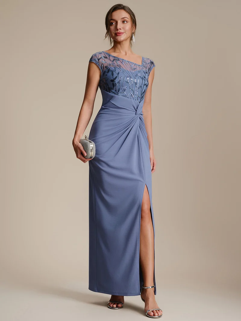 Robe longue moulante asymétrique à manches courtes en sequins extensibles