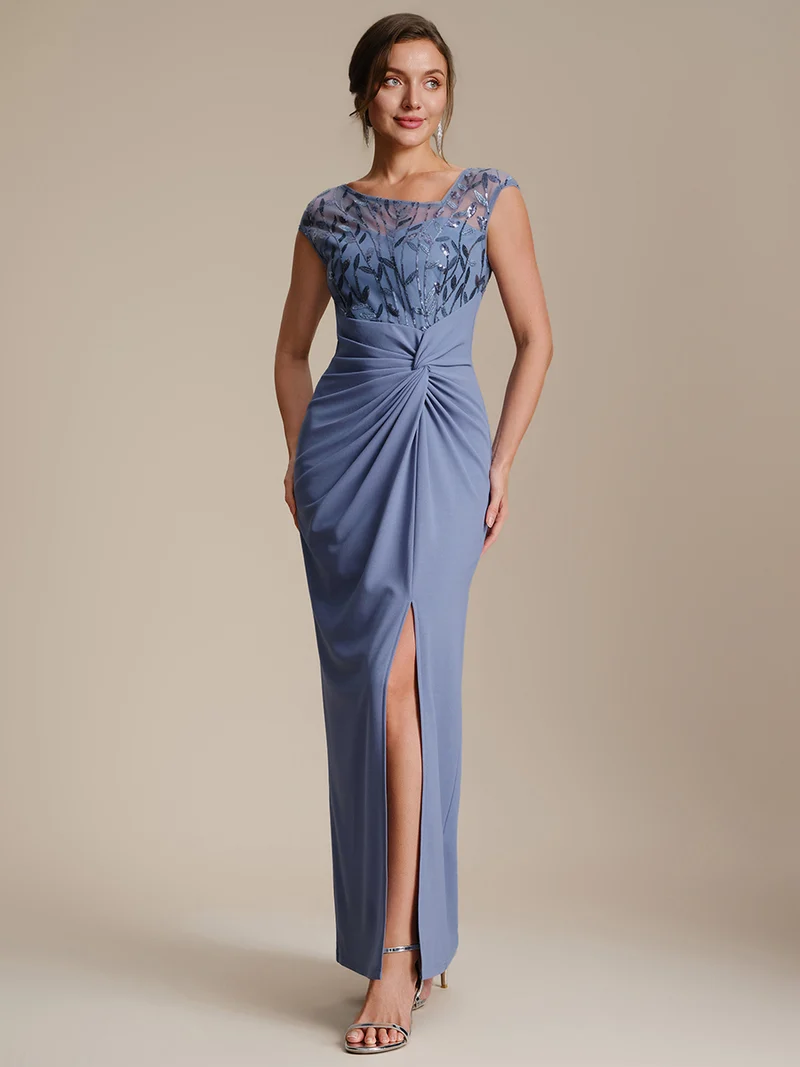 Robe longue moulante asymétrique à manches courtes en sequins extensibles