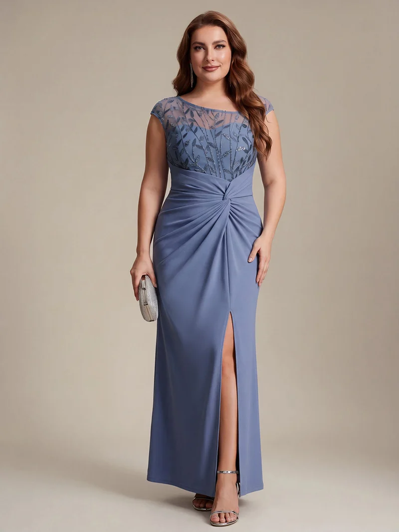 Robe longue moulante asymétrique à manches courtes en sequins extensibles
