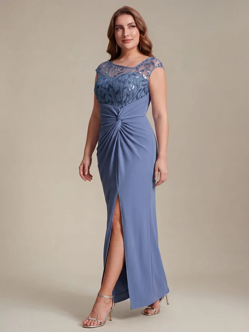 Robe longue moulante asymétrique à manches courtes en sequins extensibles