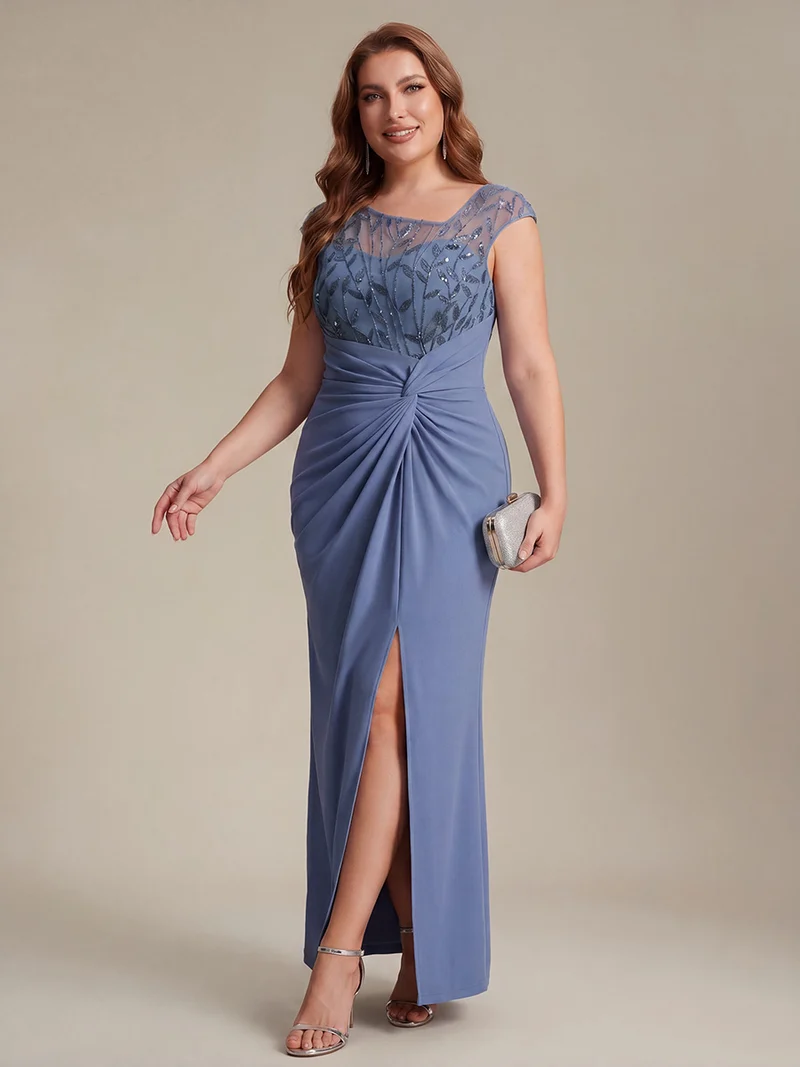 Robe longue moulante asymétrique à manches courtes en sequins extensibles
