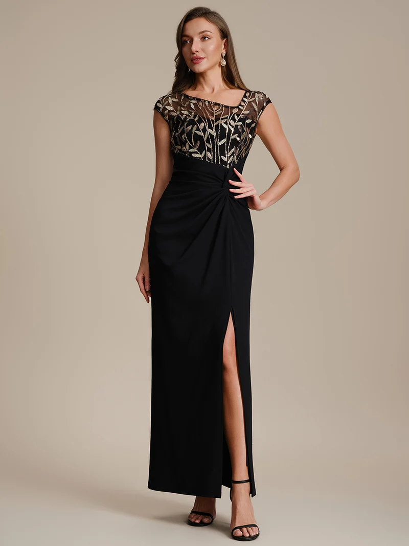 Robe longue moulante asymétrique à manches courtes en sequins extensibles