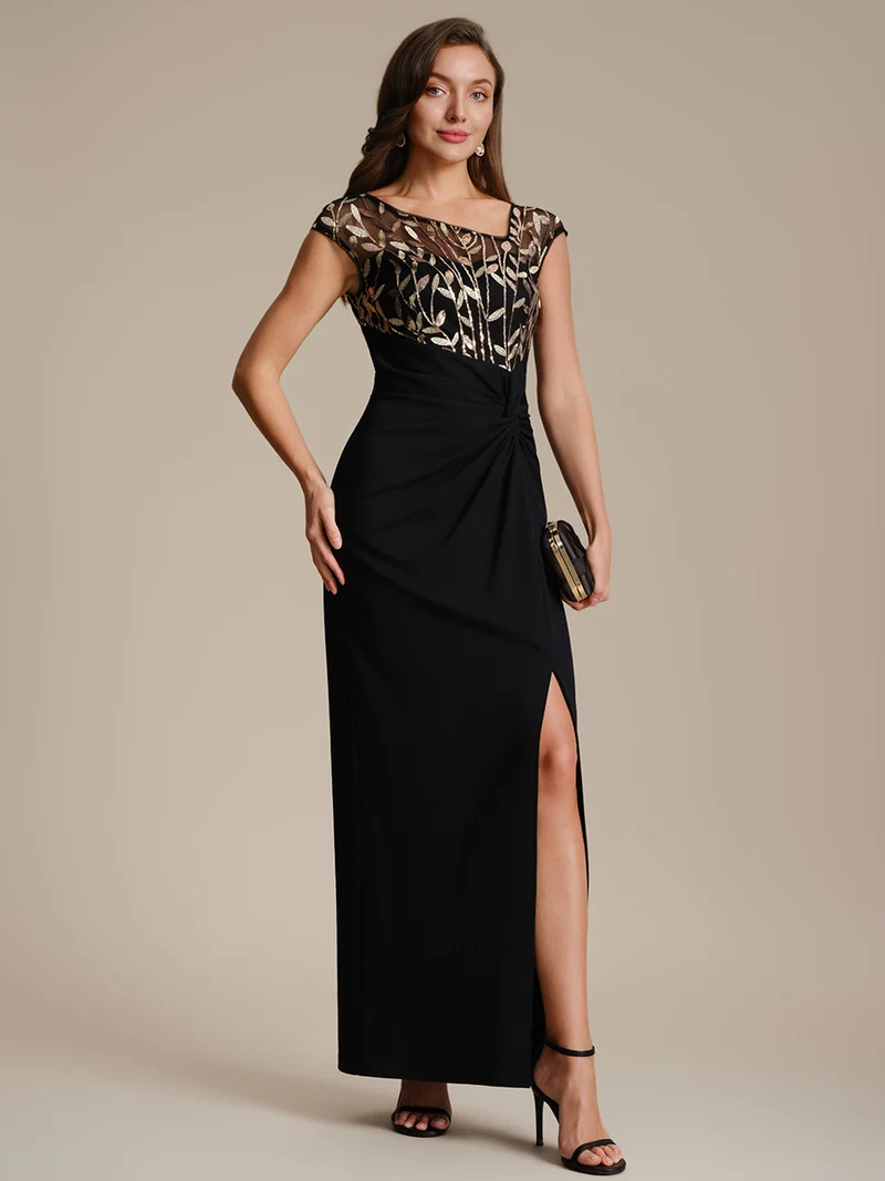 Robe longue moulante asymétrique à manches courtes en sequins extensibles