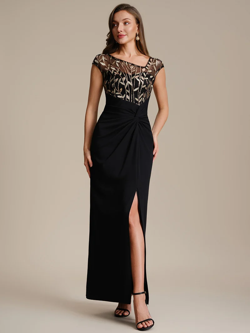 Robe longue moulante asymétrique à manches courtes en sequins extensibles