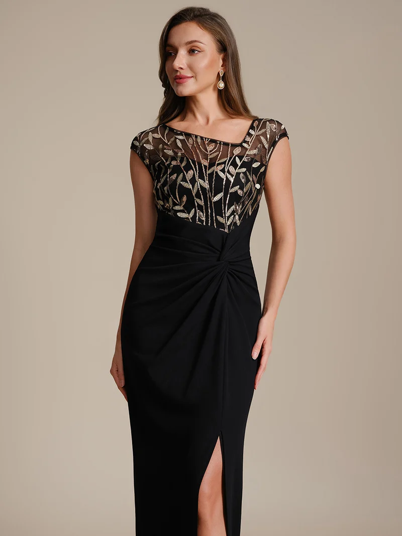 Robe longue moulante asymétrique à manches courtes en sequins extensibles