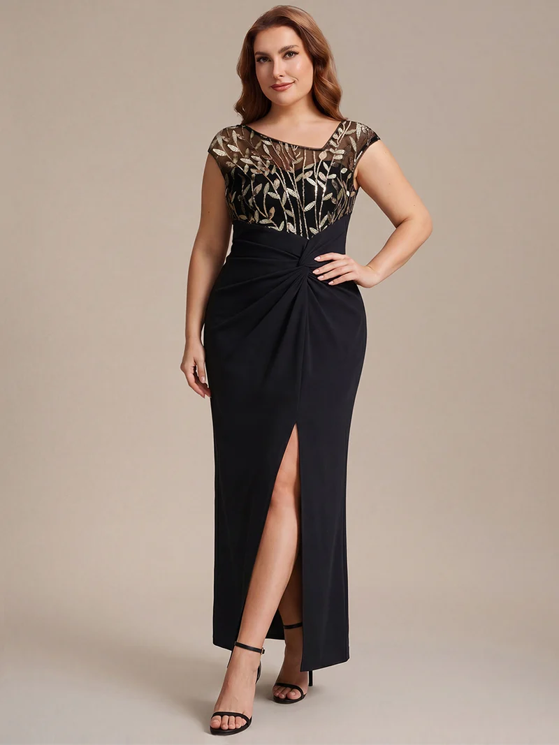 Robe longue moulante asymétrique à manches courtes en sequins extensibles