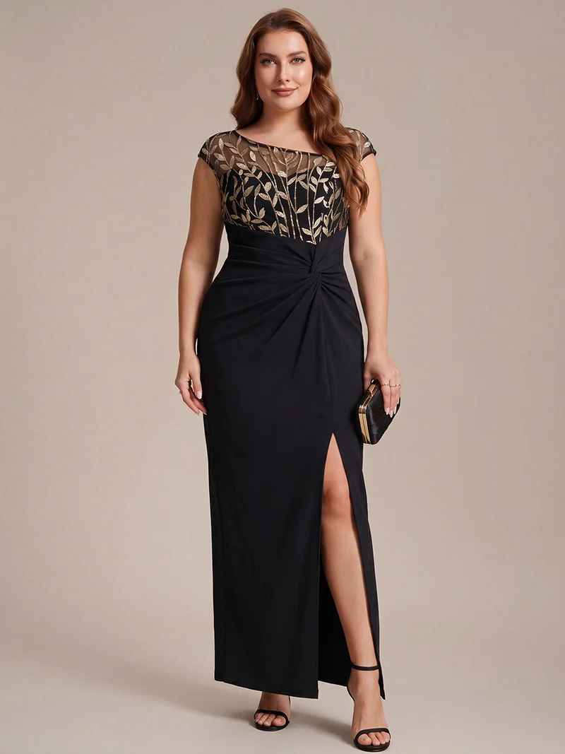 Robe longue moulante asymétrique à manches courtes en sequins extensibles
